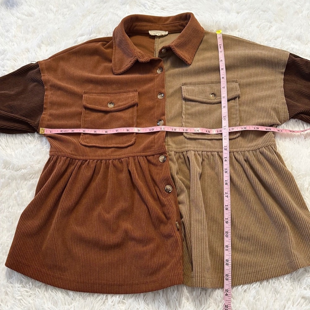 New In Colorblock Corduroy Peplum Shirt Brown Tan Button Women's Sm fits M L - Picture 7 of 7